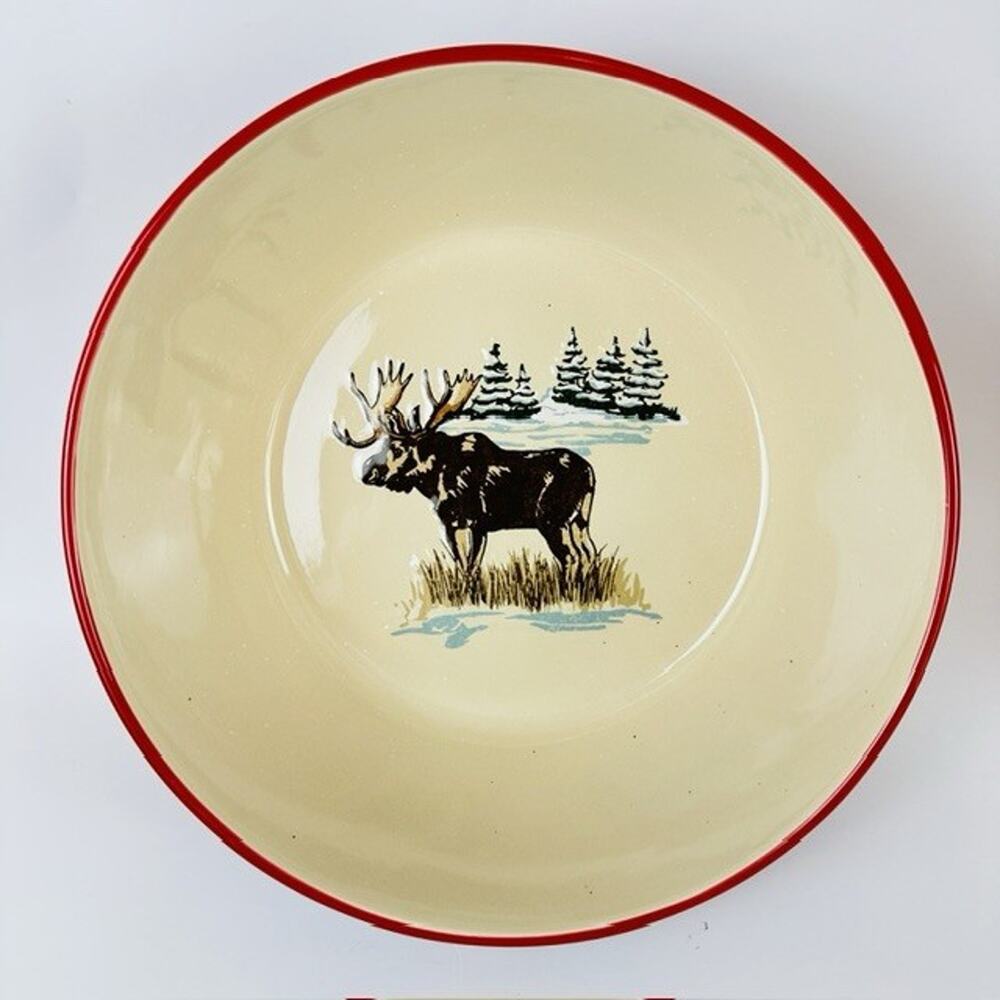 Sonoma Life Into the Woods Serving Salad Bowl, 10" Ceramic Cream/Red Plaid Moose
